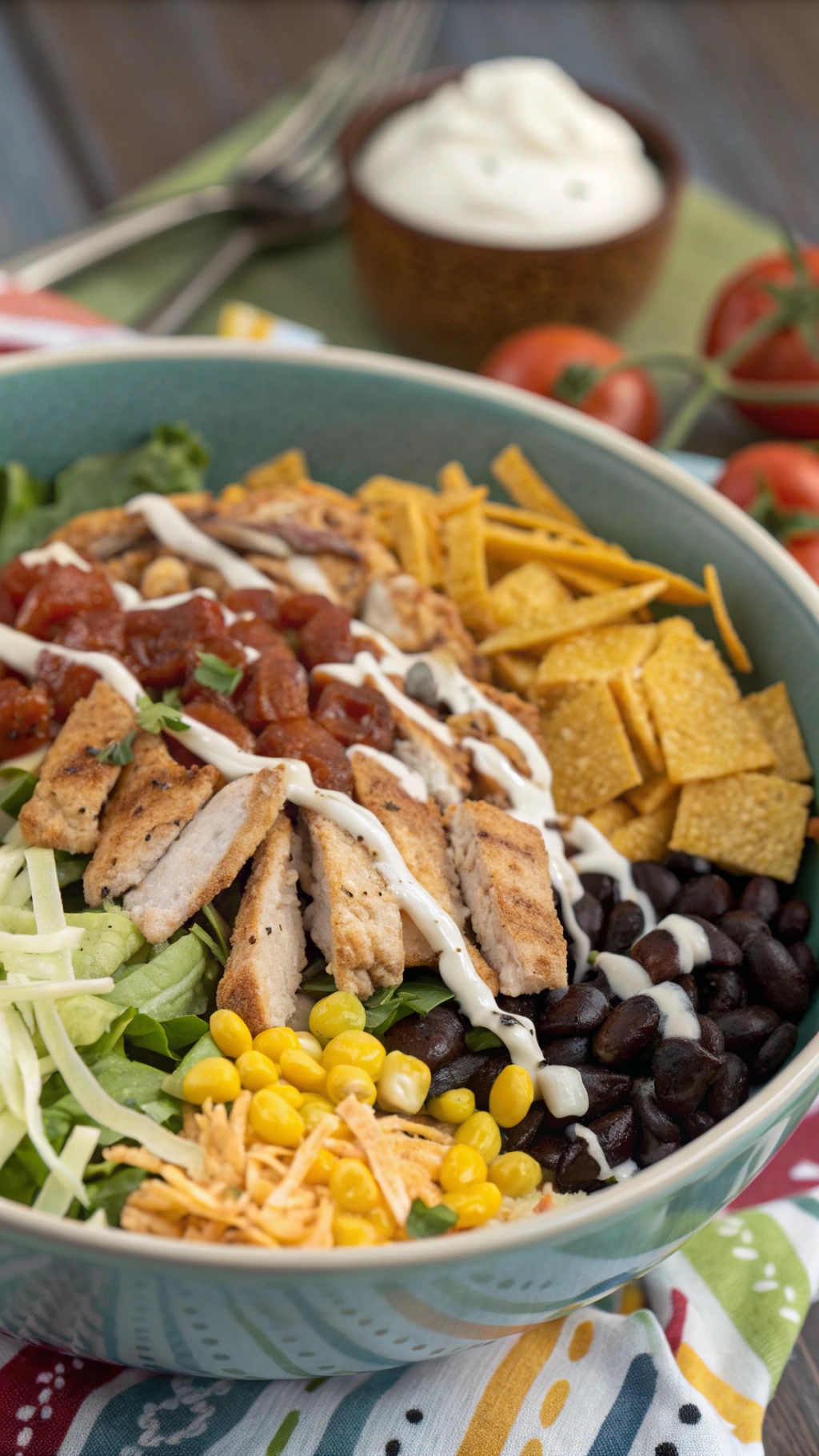 A colorful barbecue chicken salad with grilled chicken, black beans, corn, and tortilla chips in a bowl.