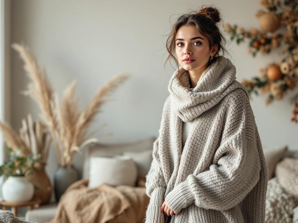 A young woman wearing a cozy oversized cardigan in a stylish indoor setting.