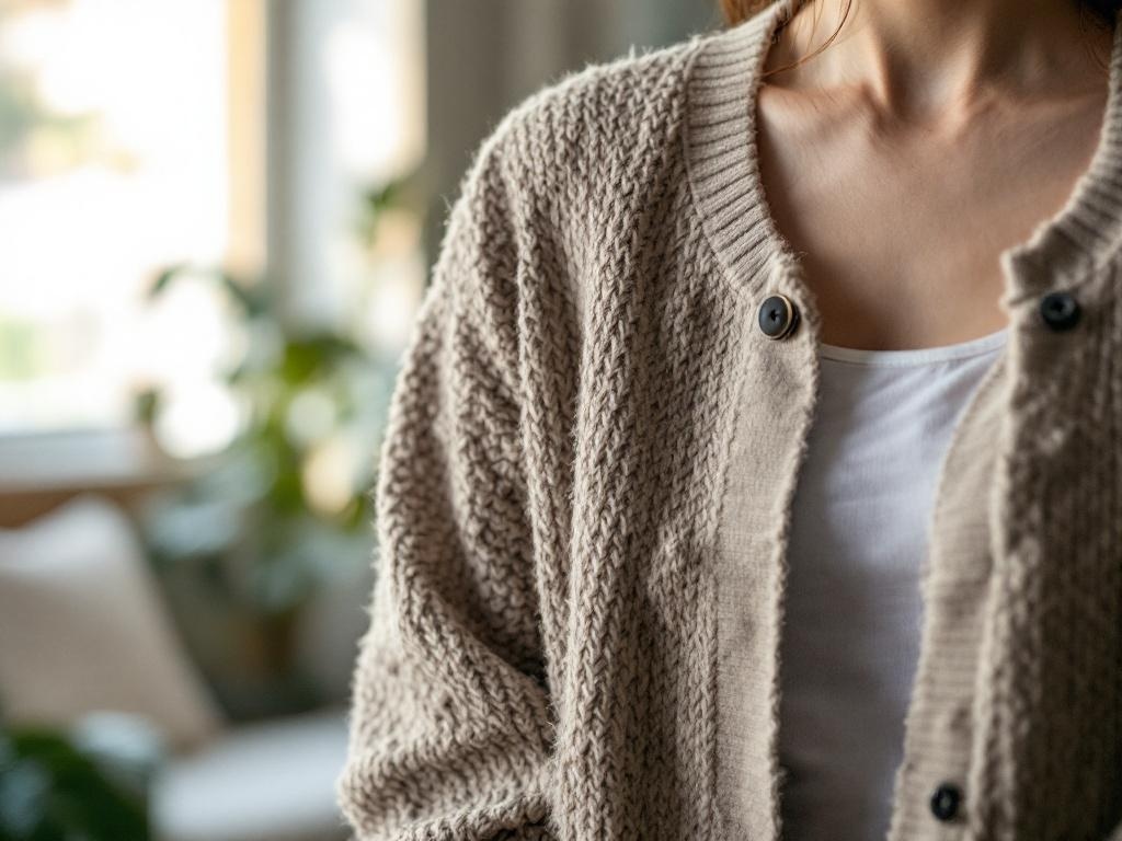 A close-up of a person wearing a cozy beige cardigan over a white tank top, showcasing a mix of textures.