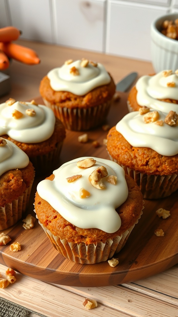 Moist carrot cake muffins topped with cream cheese frosting and chopped walnuts.