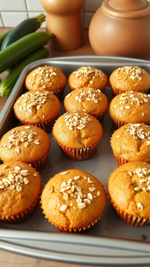 Moist zucchini bread muffins topped with oats, fresh zucchini in the background