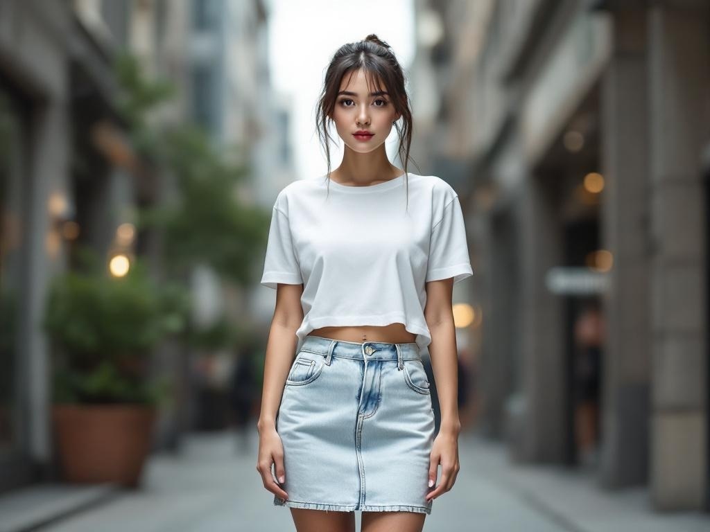 A young woman wearing a white crop top and a light blue denim skirt standing in a city street.