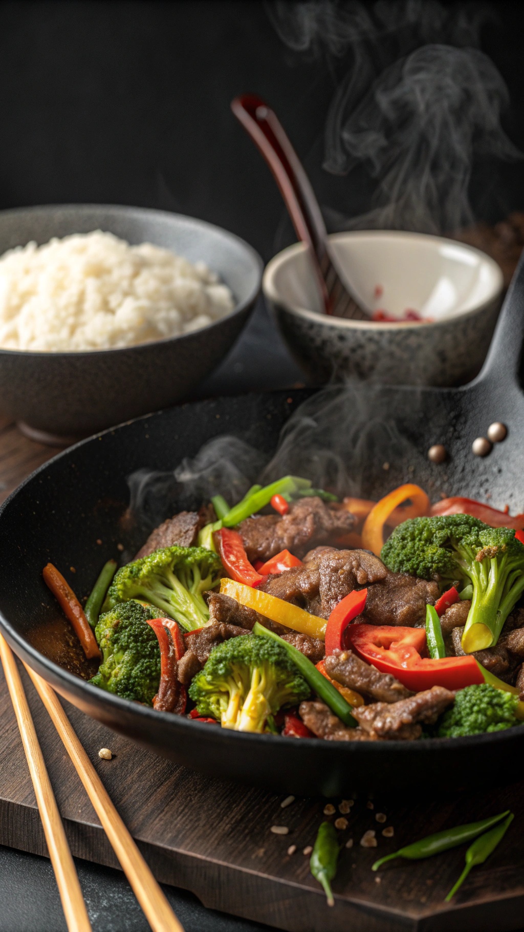 A delicious beef and broccoli stir-fry with colorful peppers and rice.