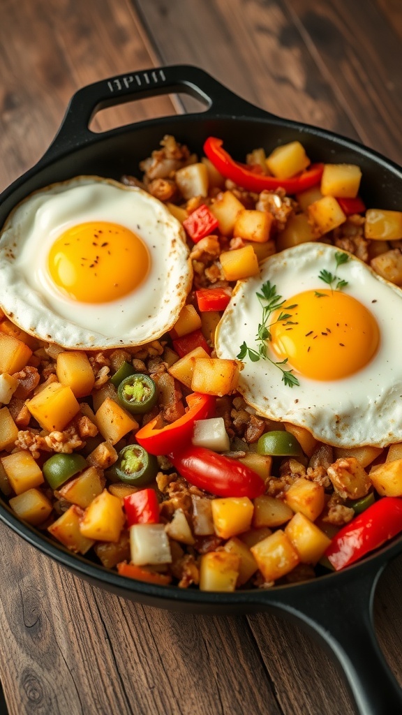 A delicious breakfast hash with potatoes, sausage, peppers, and eggs in a skillet.