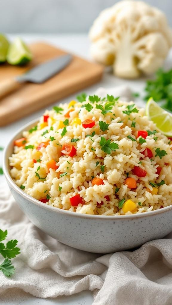 A bowl of colorful cauliflower rice mixed with bell peppers and garnished with cilantro, with a cauliflower head in the background.