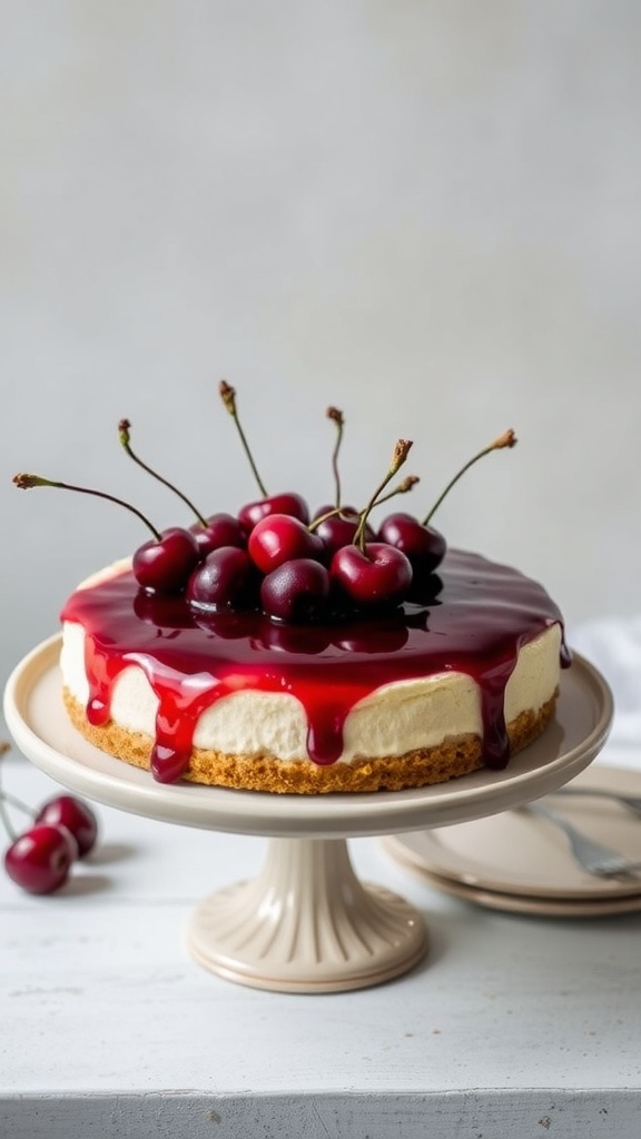 A Cherry No-Bake Cheesecake topped with fresh cherries and cherry glaze on a pink cake stand, surrounded by cherries.