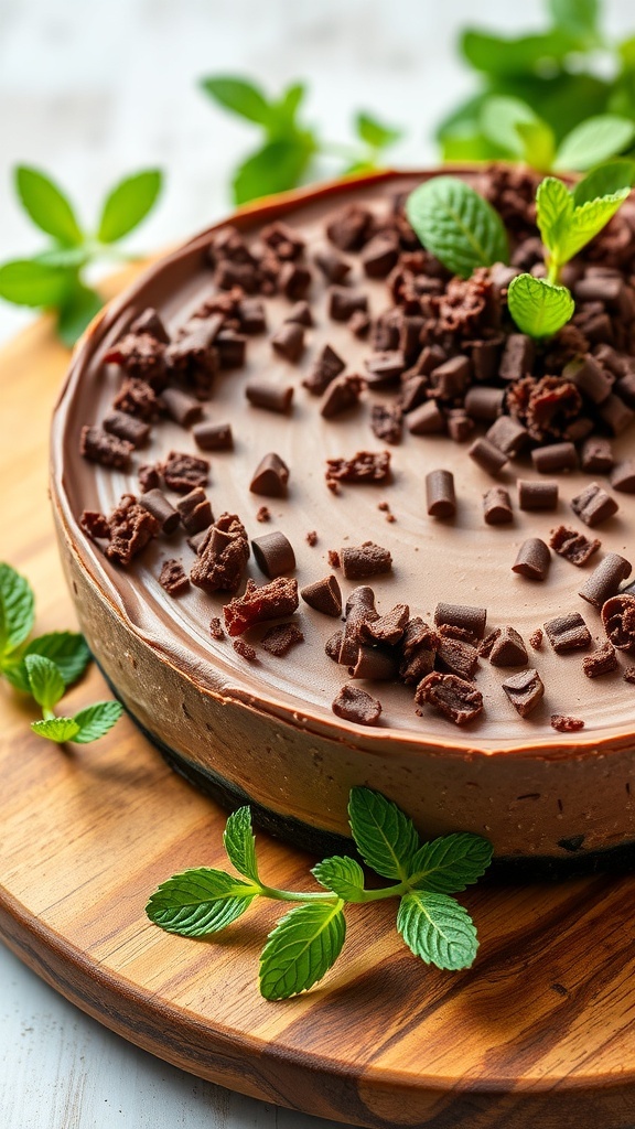 A beautifully decorated chocolate mint vegan cheesecake topped with fresh mint leaves and chocolate shavings.
