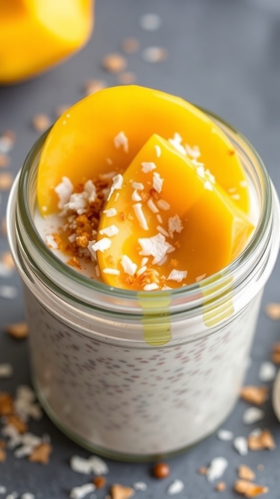 A jar of coconut chia pudding topped with mango and coconut, with tropical elements in the background.