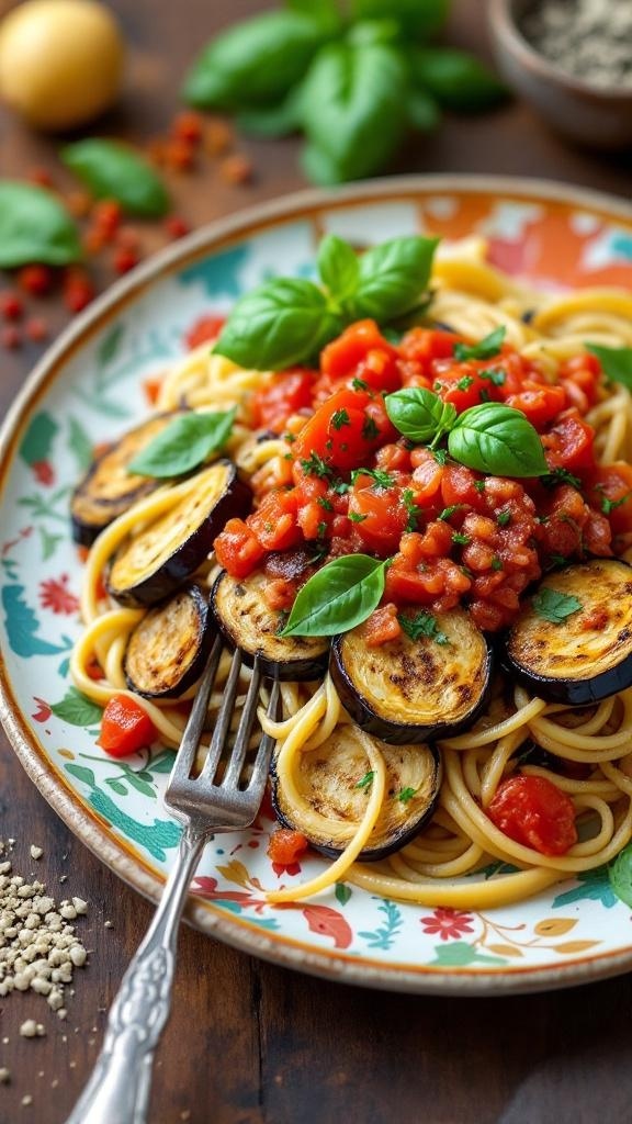 A plate of eggplant pasta with grilled eggplant, tomato sauce, and fresh basil.