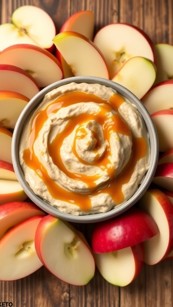 A bowl of caramel apple dip surrounded by fresh apple slices on a wooden table.