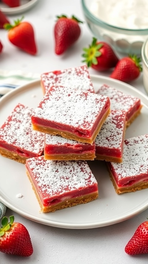 Delicious low-carb strawberry bars stacked on a plate, garnished with powdered sugar and fresh strawberries.