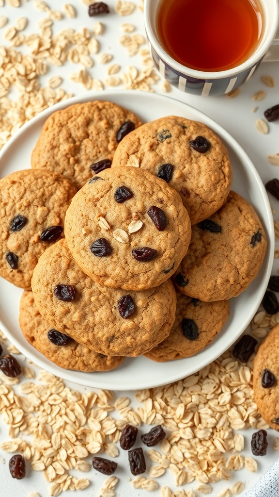 A plate of oatmeal cookies with raisins and a cup of tea