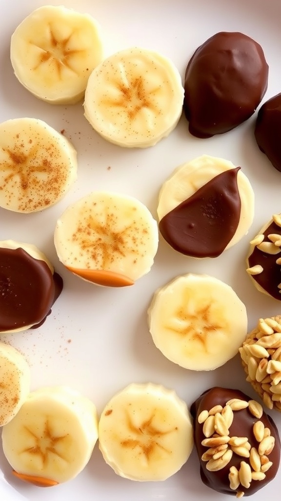 A plate of peanut butter banana bites, some coated in chocolate, others rolled in nuts, showcasing a variety of delicious treats.