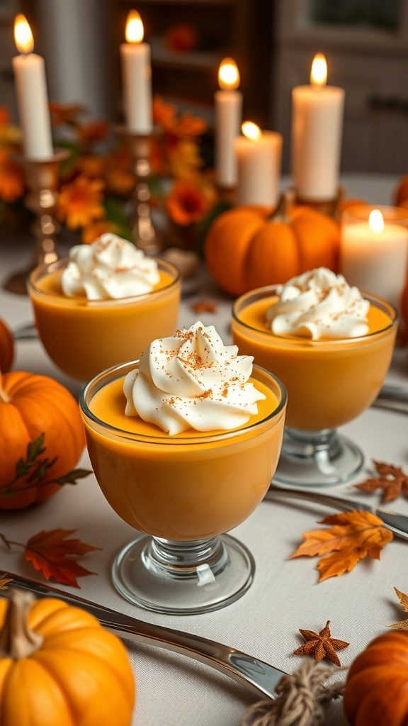 Three pumpkin custard cups topped with whipped cream, surrounded by pumpkins and candles.