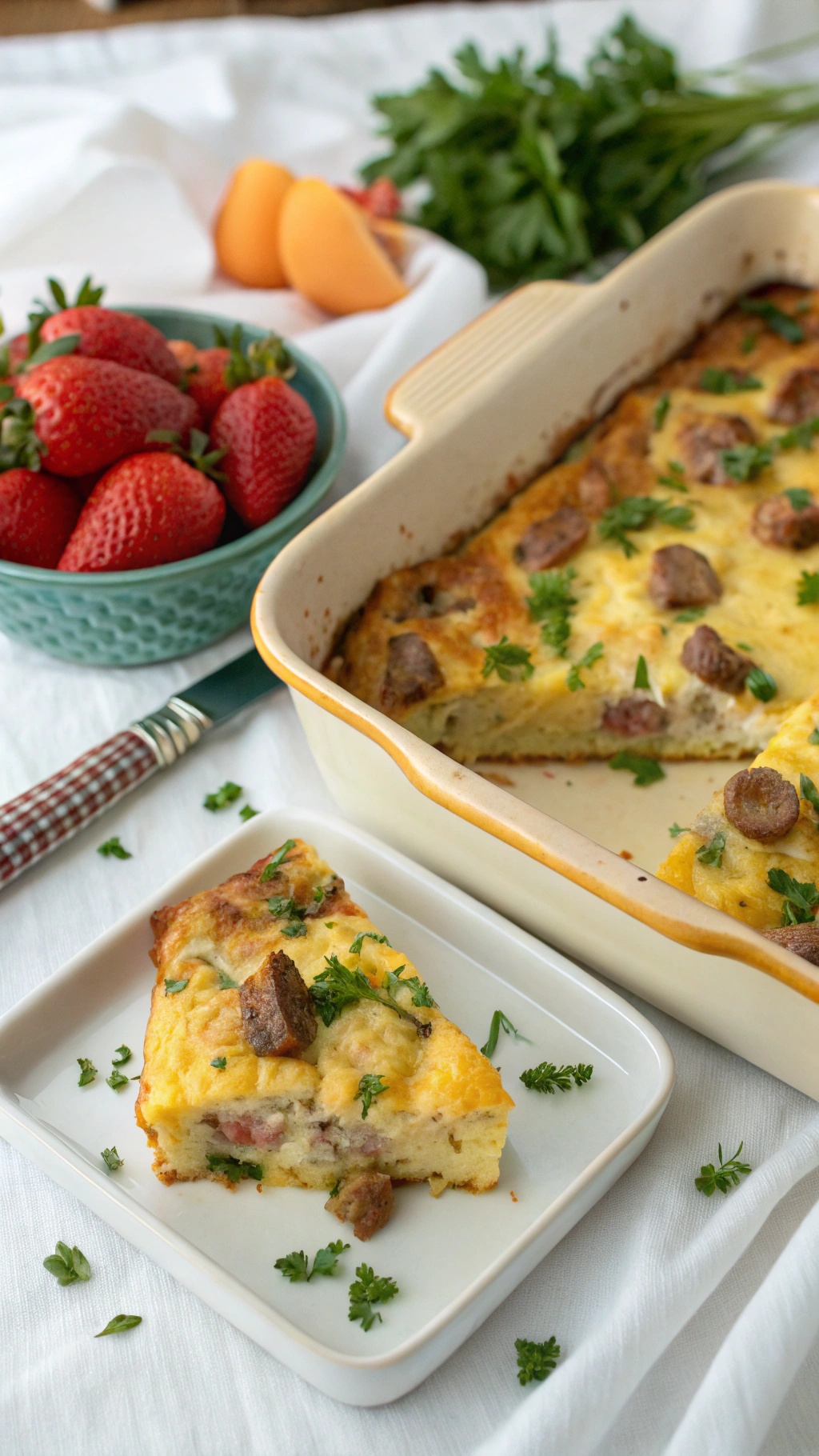 A delicious sausage and egg casserole served with fresh strawberries and herbs.