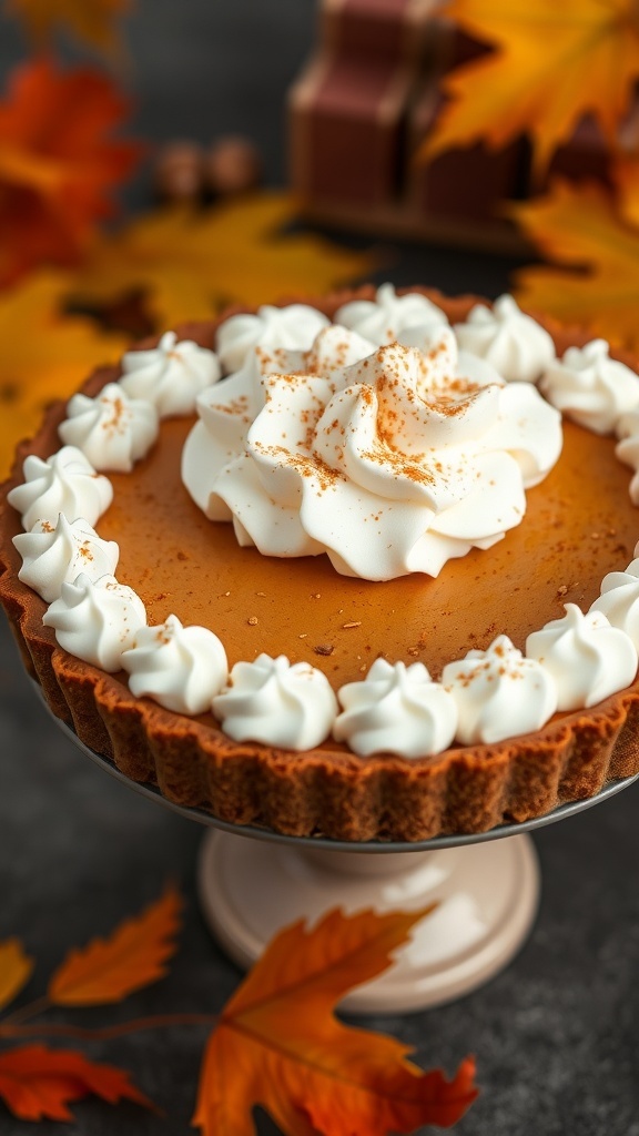 A beautifully decorated vegan pumpkin pie topped with whipped cream and surrounded by autumn leaves.