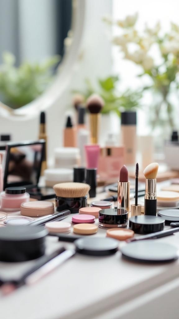 A variety of makeup products arranged on a table, including lipsticks, blushes, and foundations.