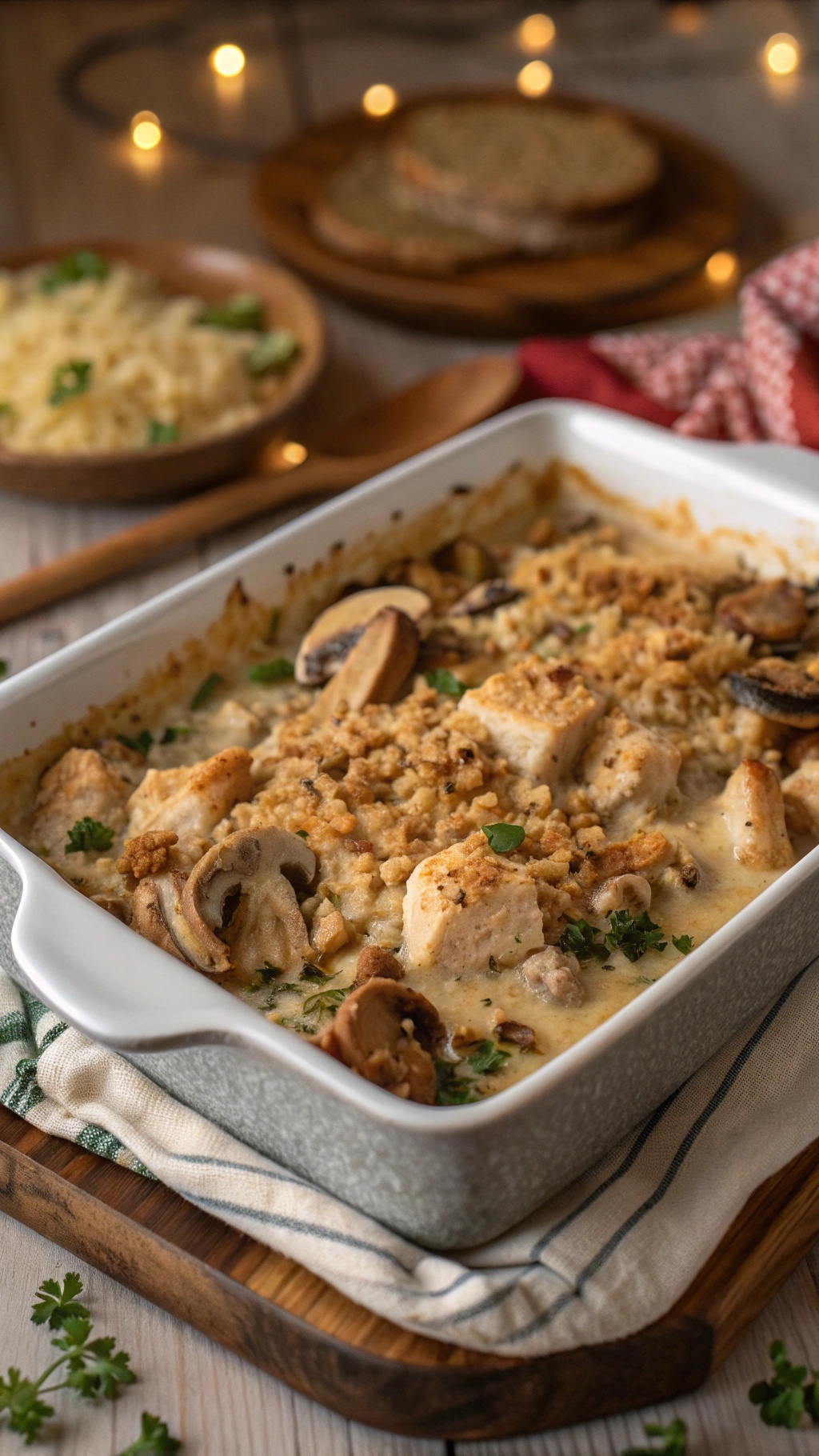 A delicious mushroom and chicken casserole topped with a golden crust, served in a baking dish.