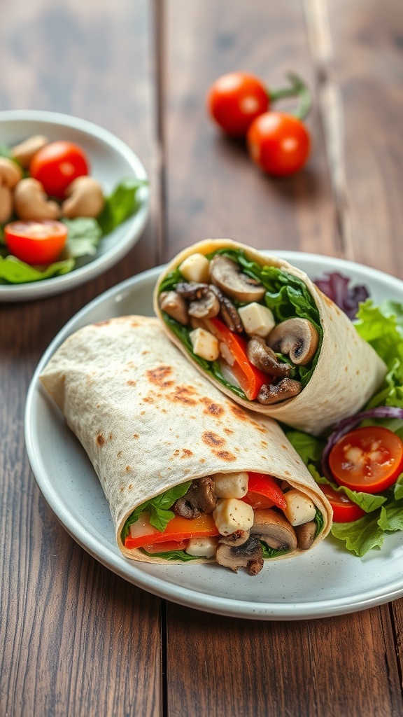 A delicious mushroom and spinach breakfast wrap on a plate with cherry tomatoes.