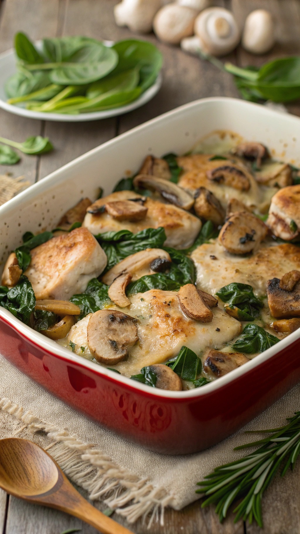 A delicious mushroom and spinach chicken casserole in a red baking dish, garnished with fresh spinach and mushrooms.