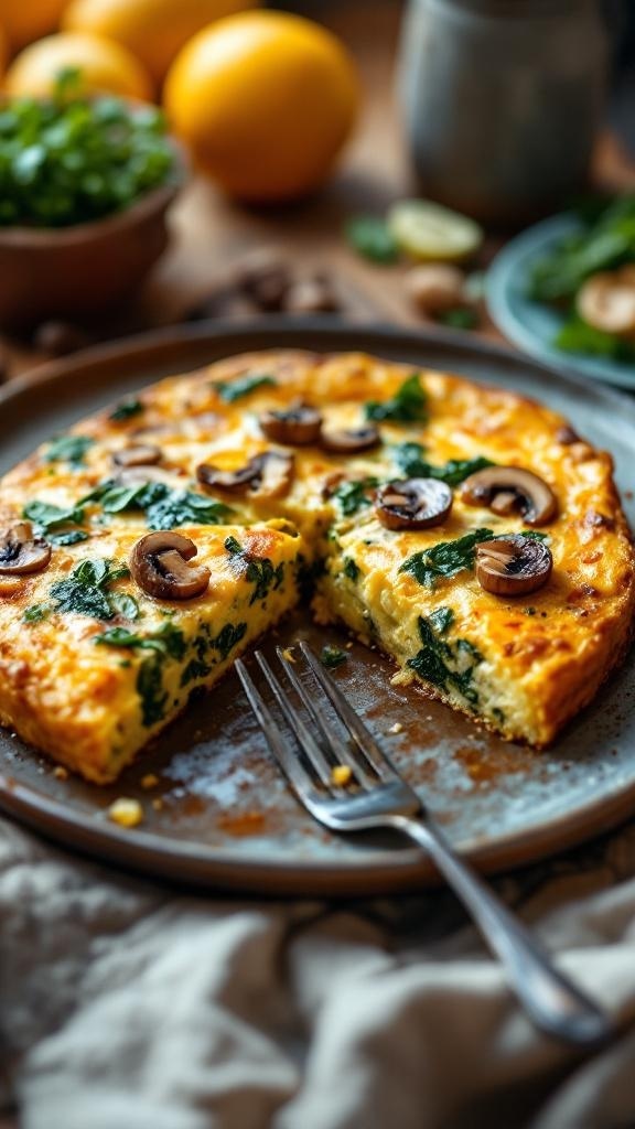 A delicious mushroom and spinach frittata on a plate, with a slice cut out and a fork beside it.
