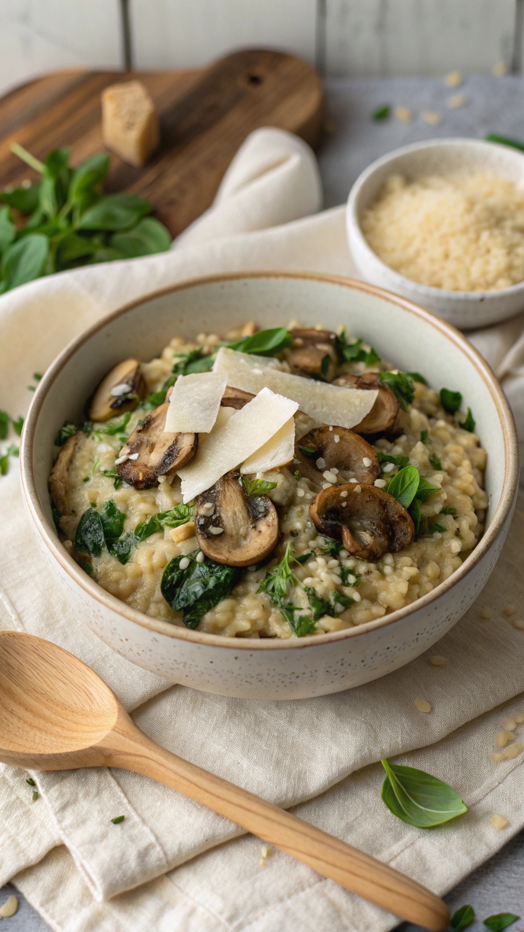 A bowl of Mushroom and Spinach Quinoa Risotto topped with sautéed mushrooms and fresh basil.