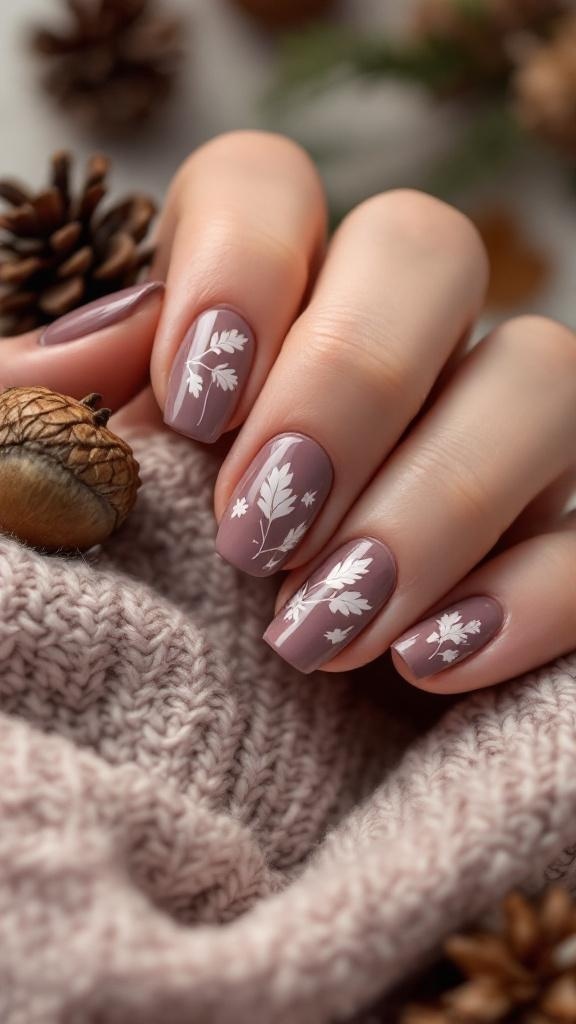 Muted mauve nails with white leaf stencils, resting on a cozy knitted fabric surrounded by pinecones.