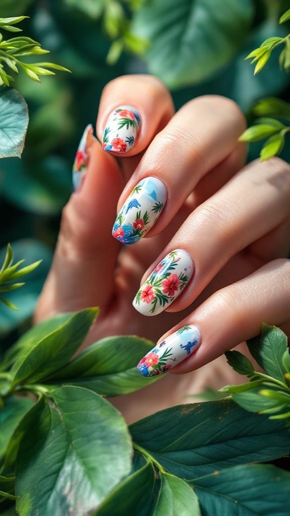 Close-up of a hand with nature-inspired nail art featuring colorful flowers and tropical designs against a green background.