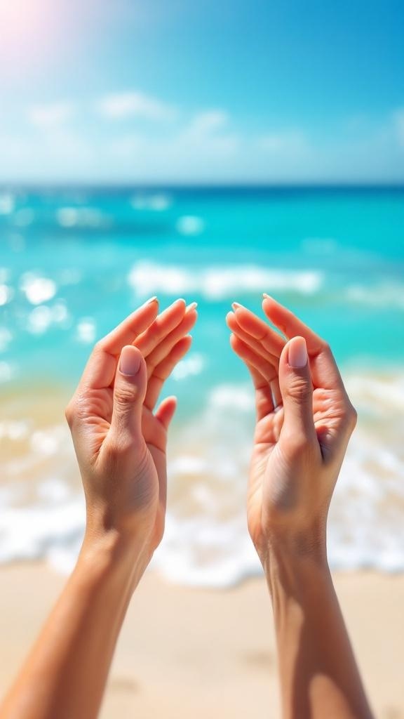 Two hands with a no-chip manicure, sprinkled with beach sand, against a sunny beach backdrop.