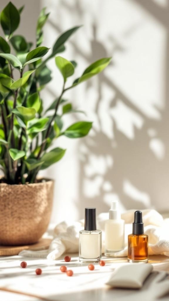 A serene nail care setup featuring nail polish bottles, a plant, and soft textures.