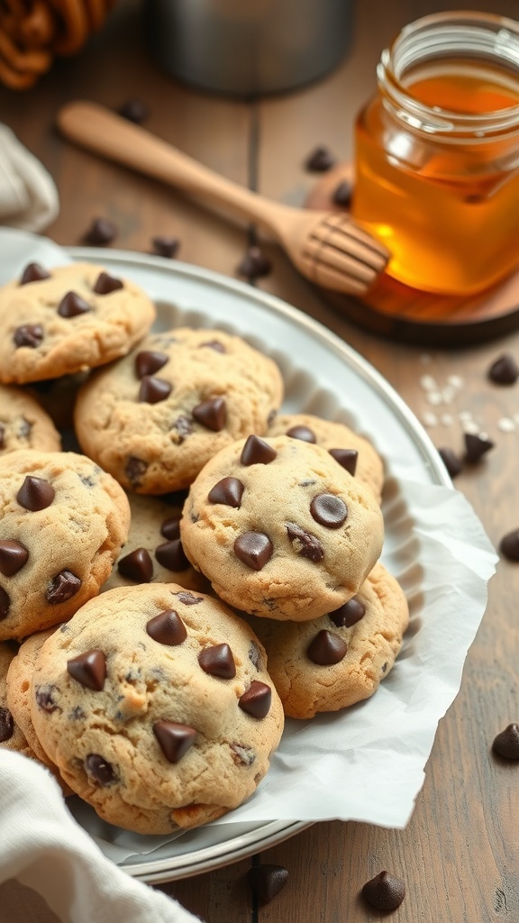 A plate of honey-sweetened chocolate chip cookies with a jar of honey in the background.