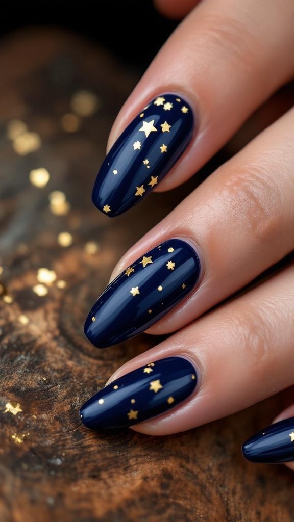 Navy blue nails with gold foil designs
