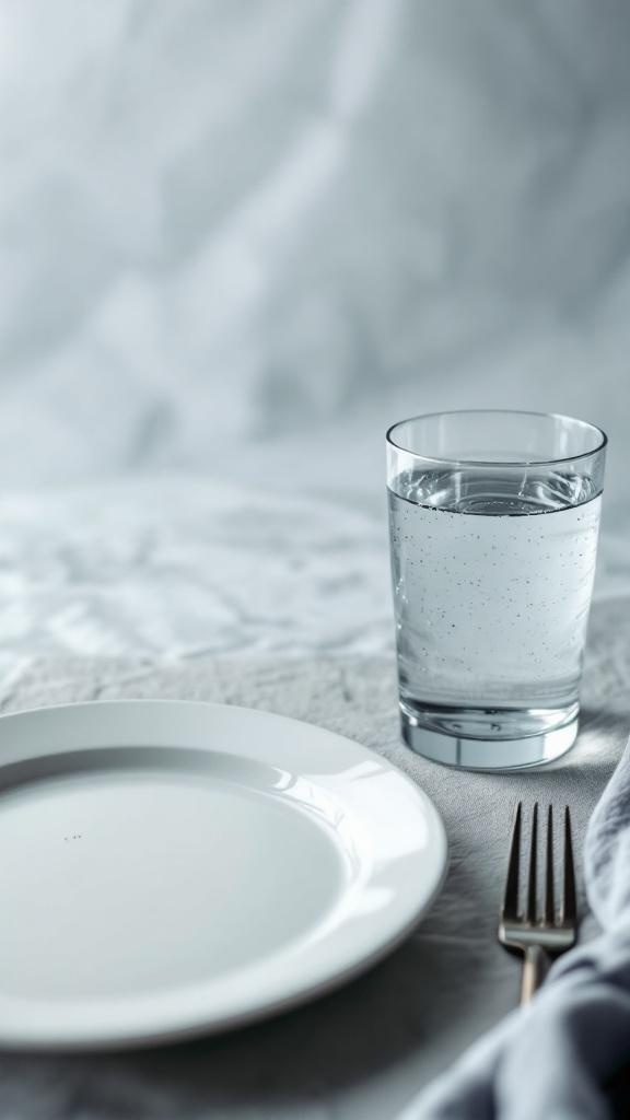 A glass of water next to a plate and fork on a table.