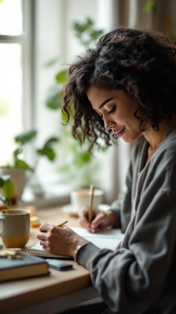 A woman writing in a notebook at a table with a warm drink and plants around her.