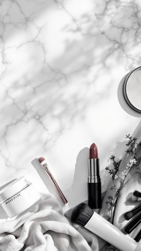 A flat lay of skincare products and makeup tools on a marble surface, highlighting the importance of skin prep before makeup application.