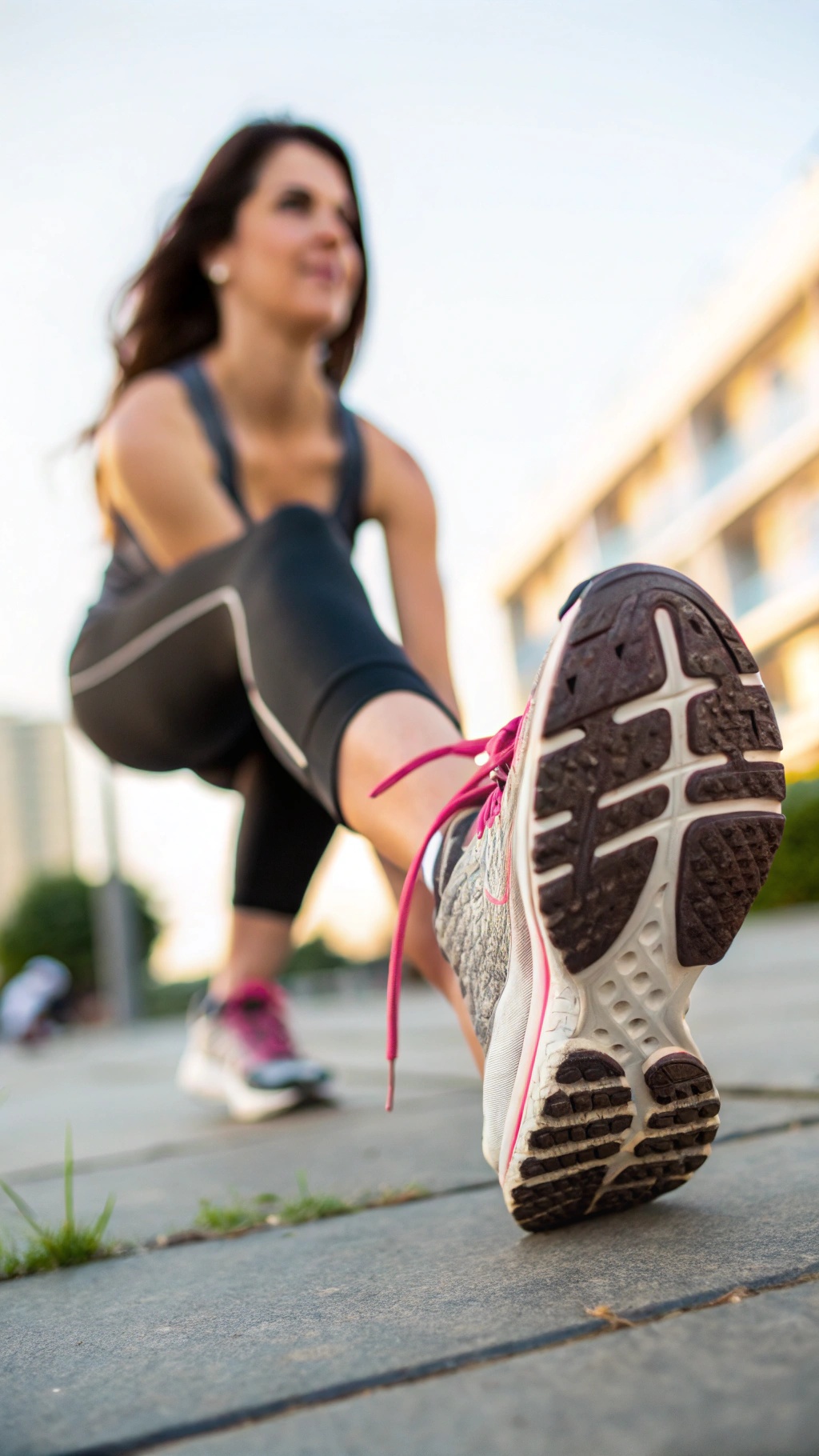 A woman stretching in a gym setting, showcasing her supportive athletic footwear.