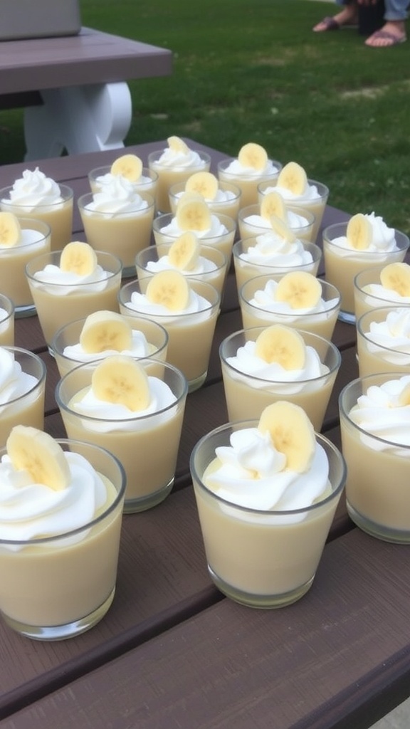 No-bake banana pudding cups with whipped cream and banana slices on top, arranged on a table.