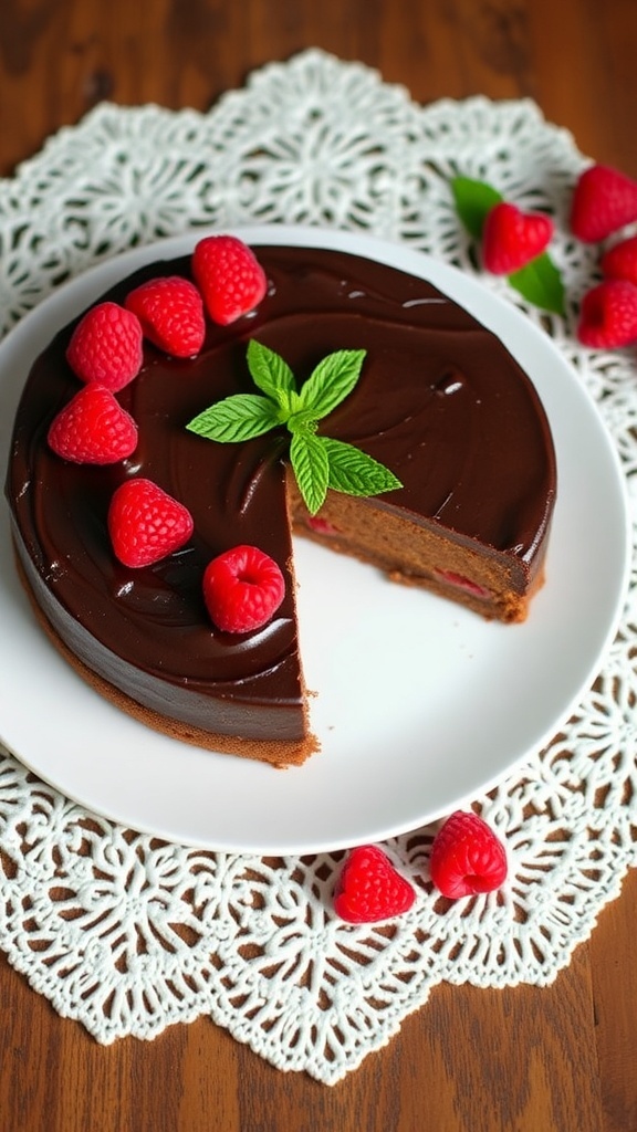 A chocolate raspberry torte garnished with fresh raspberries and mint leaves, displayed on a lace doily.