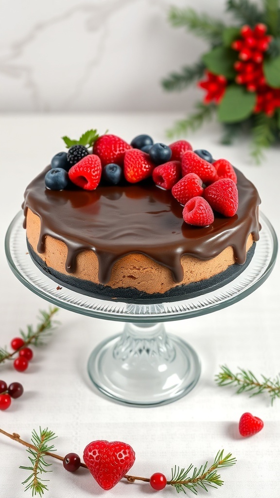 A no-bake chocolate cheesecake topped with fresh berries and chocolate ganache, displayed on a glass cake stand.
