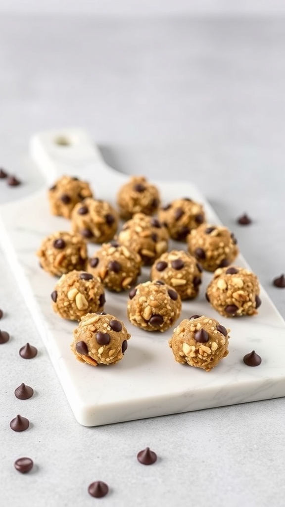 No-bake chocolate chip cookie dough bites on a marble cutting board