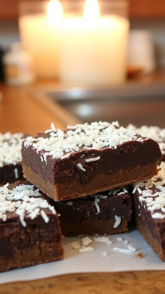 No-Bake Chocolate Coconut Bars stacked with shredded coconut on top
