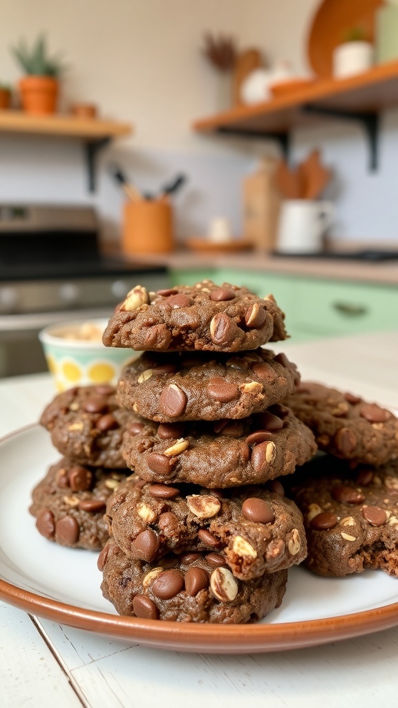 A stack of no-bake chocolate oatmeal cookies on a plate, with a cozy kitchen background.