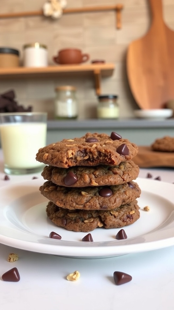 A stack of no-bake chocolate oatmeal cookies on a white plate, surrounded by chocolate chips and a glass of milk.