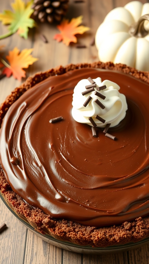 A delicious no-bake chocolate pumpkin pie topped with whipped cream and chocolate shavings, surrounded by fall decorations.