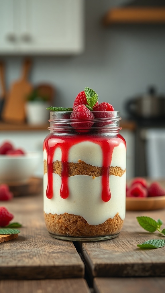 No-bake classic cheesecake jar with raspberry sauce and fresh raspberries on top.