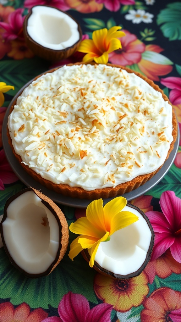 No-bake coconut cream pie with toasted coconut and flowers on a colorful background