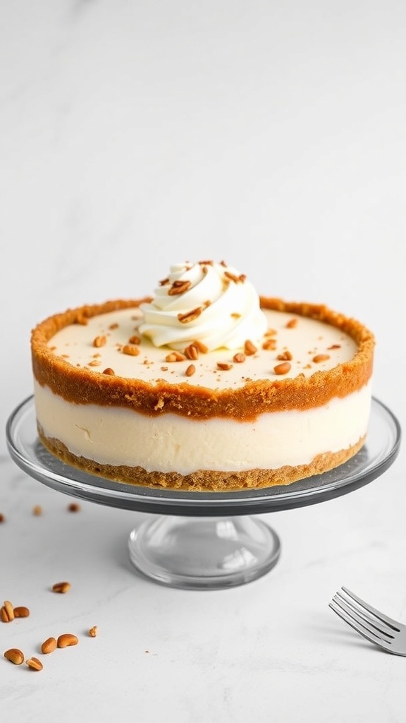 A no-bake keto cheesecake topped with whipped cream and nuts on a glass cake stand.