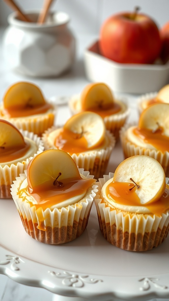 No-bake mini apple cheesecakes topped with caramel and apple slices