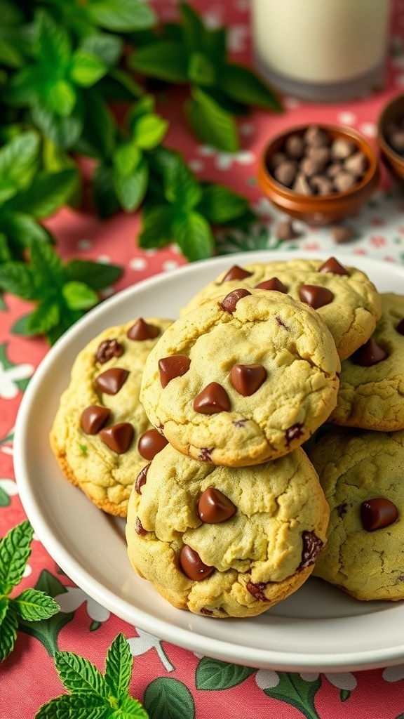 A plate of no-bake mint chocolate chip cookies with chocolate chips on top, surrounded by mint leaves.