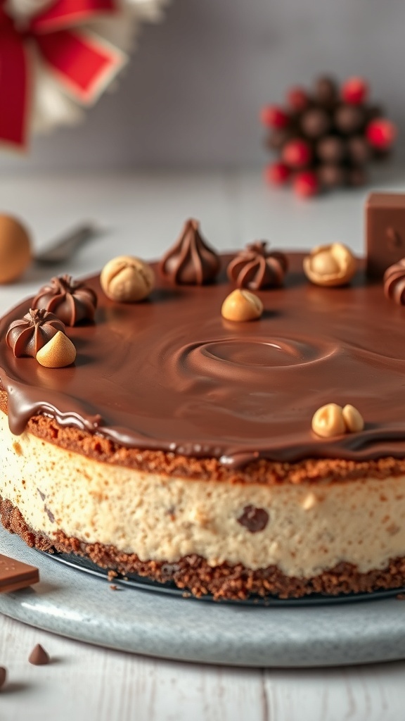 A no-bake Nutella cheesecake topped with chocolate decorations, perfect for Christmas desserts.